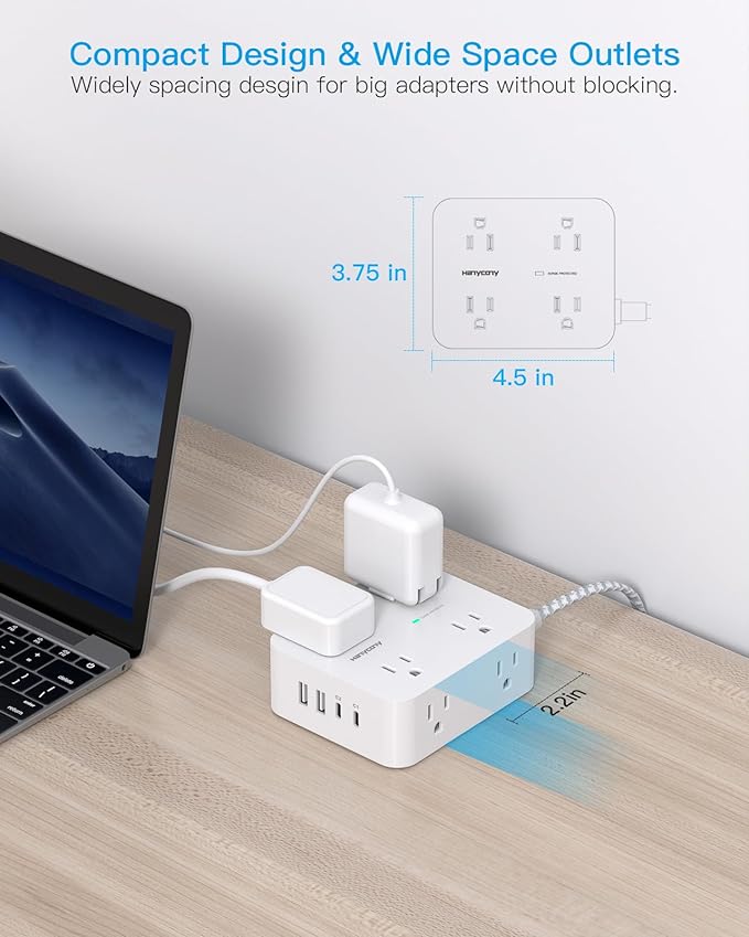 PD 30W USB C Power Strip Surge Protecor, HANYCONY 8 Outlets 4 USB(2 USB C Ports), 1080J Desk Charging Station for Multiple Devices, 6 Ft Flat Plug Extension Cord for College Dorm Room Essentials