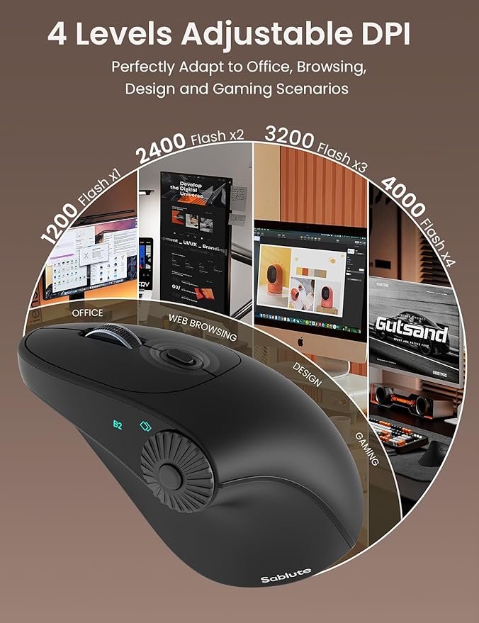 SABLUTE MAM51 Ergonomic Mouse Wireless with Side Scroll Wheel,Bluetooth Mouse with 4000 DPI,8 Buttons Office Wireless Computer Mouse,Small to Medium Sized Hands Vertical Mice for PC and Desktop-Black