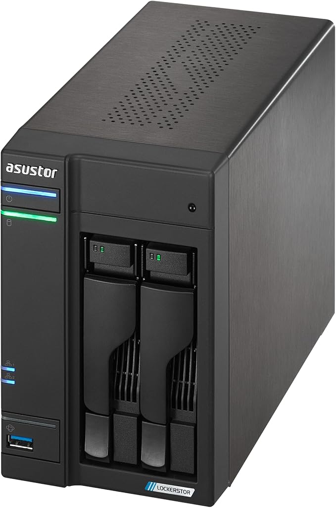 Asustor Lockerstor 2 Gen2+ AS6702T v2 2 Bay NAS Storage, Intel Quad-Core 2.0GHz CPU, Dual 5GbE Ports, 4GB RAM DDR4, 4 M.2 SSD Slots, HDMI, Network Attached Storage (Diskless)