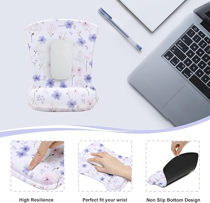 MEGREZ 4-in-1 Ergonomic Memory Foam Wrist Rest Set, Desk Pad, Mouse Pad with Wrist Rest, Keyboard Pad, Suitable for Office Workers, Programmers & Gamers–Relieve Typing & Gaming Fatigue, White Flower