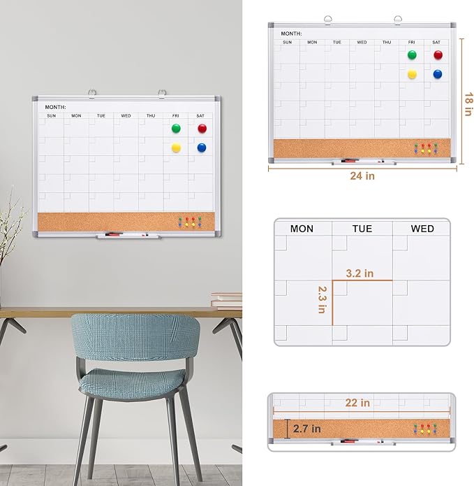 Comix Dry Erase Calendar Whiteboard Corkboard Combo, 24 * 18 inch Monthly Calendar and Bulletin Board Combination for wall, Aluminum Frame Planner with Dry Erase Markers, Magnets, Push Pins