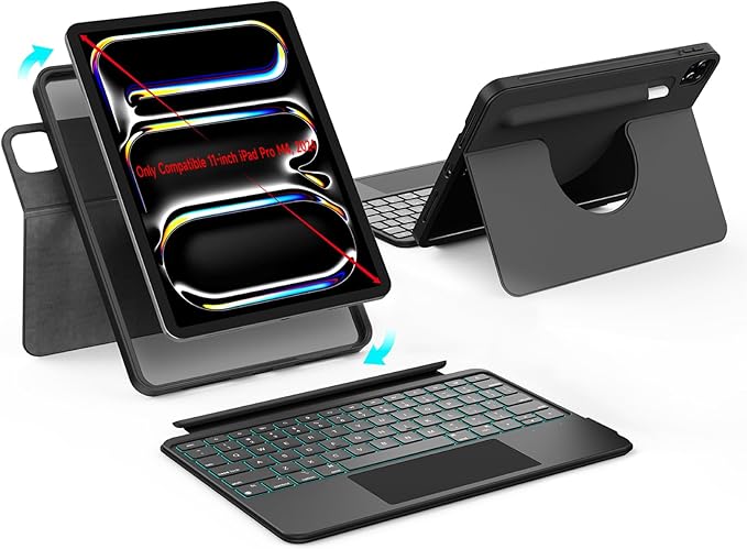 360° Rotatable & Detachable Magnetic Keyboard Case for 11-inch iPad Pro M5/M4 (2025/2024), Portrait & Landscape, with Touchpad, 0-170° Angle, Full Protect,Pencil Holder,7 Backlits