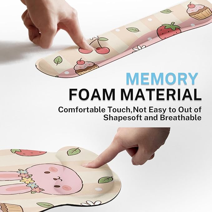 Arttown Kawaii Animal Desk Mat Strawberry Pink Mouse Pad Set 4 in 1 Ergonomic Design Large Mouse Pad + Keyboard Wrist Rest + Mouse Wrist Rest + Coaster Suitable for Home Office Study Game