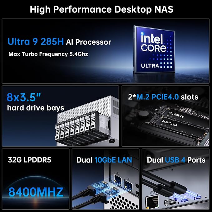 MSECORE 8 Bay Desktop NAS with Double M.2 PCIe4.0 SSD Slots, Ultra 285H (16 Cores, Max 5.4 GHz) 32G LPDDR5 8400 MT/s, 512G SSD, 2 * 10Gbps LAN, Four Display (1* HD, 1* DP, 2* USBC), Windows 11 Pro
