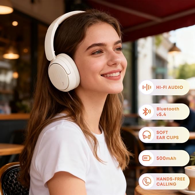 Bluetooth Headphones with Active Noise Cancelling (ANC), Wireless Over Ear Bluetooth Headsets with 35H Playtime, HiFi Stereo Foldable Headphones with Foam Ear Cups for Sports, Travel, Oil White