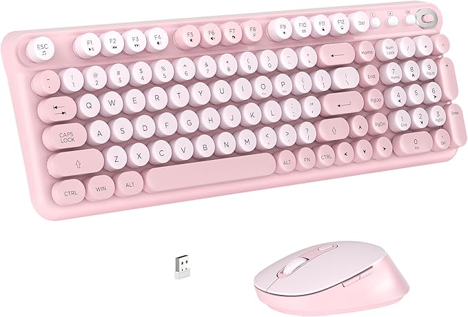 Wireless Keyboard and Mouse Combo, Full-Size Retro Typewriter Keyboard Style, 2.4GHz USB Receiver, Plug-and-Play, Keyboard Mouse Set for Computer, Laptop, Windows, Mac, and PC (Pink)