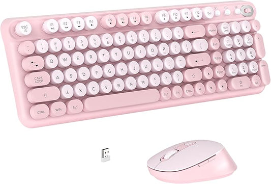 Wireless Keyboard and Mouse Combo, Full-Size Retro Typewriter Keyboard Style, 2.4GHz USB Receiver, Plug-and-Play, Keyboard Mouse Set for Computer, Laptop, Windows, Mac, and PC (Pink)