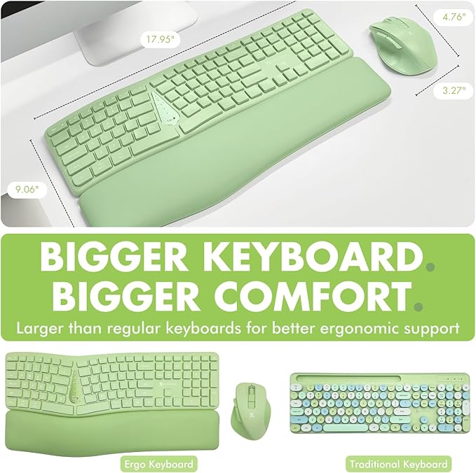 X9 Ergonomic Keyboard and Mouse Wireless Combo - Green Split Keyboard and Mouse Set, Bluetooth/2.4G, Soft Wrist Rest, Rechargeable, Silent Keys, Multi-Device for Laptop, PC, Mac, iOS, Android