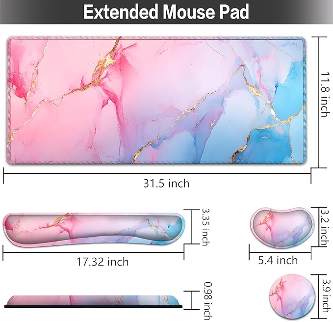 Large Mouse pad and Keyboard Support Set, Ergonomic Memory Foam Keyboard Wrist Rest, Extended Gaming Mouse Pad with Stitched Edges, Blue Pink Marble XXL Desk Mat (31.5 X 11.8 in)