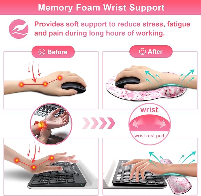 Pink Cherry Blossom Mouse Pad with Wrist Rest and Keyboard Wrist Rest Set, Sakura Floral Ergonomic Memory Foam Mouse Pad Set for Women, Girls, Office, School