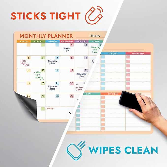 Magnetic Whiteboard Calendar for Fridge – 2-Pack Monthly & Weekly Planners (14”x12”) – Dry Erase Boards with Notes Section, Shaded Dates – Includes 4 Markers & Magnetic Eraser