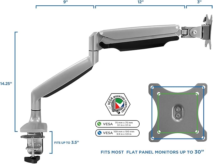 Mount-It! Single Monitor Arm Desk Mount with Gas Spring, Height Adjustable Monitor Stand for 13–32 Inch Screens up to 20 lbs, VESA 75x75 & 100x100, C-Clamp & Grommet, Sit-Stand Desk Compatible