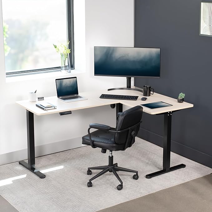 VIVO Corner Standing Desk, 63 x 47 inch Reversible L-Shaped Workstation, Electric Height Adjustment, Home, Office, and Reception Rooms, Light Wood Table Top Black Frame, DESK-E3CTC-47