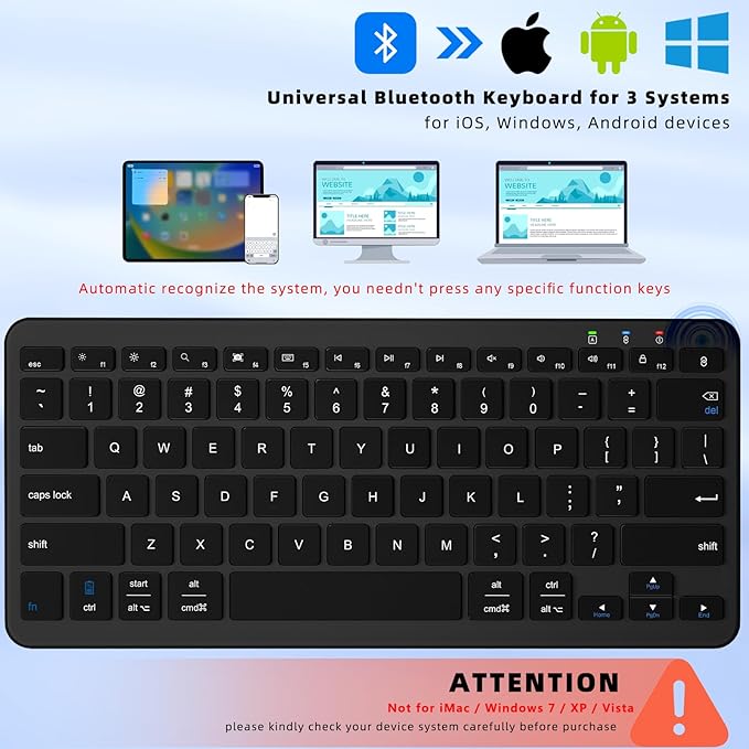 Bluetooth Keyboard, Ultra-Slim Wireless Keyboard for iPad, Rechargeable Ergonomic Computer Keyboard for iOS, Android, Windows PC Tablets Phone, Black