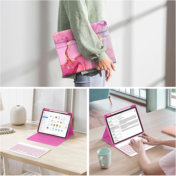 Soke for iPad (A16) 11th/10th Generation Case with Keyboard(2025/2022)-7 Color Backlight Wireless Detachable Folio Keyboard Cover with Built-in Pencil Holder for iPad 11/10.9 inch, HotPink Marble