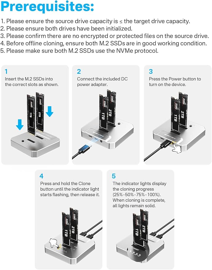 ACASIS 20Gbps M.2 NVMe SSD Cloner & Docking Station, Dual-Bay Offline Duplicator with Aluminum Heat Dissipation Enclosure, Tool-Free USB Adapter for M Key PCIe NVMe SSD Reader