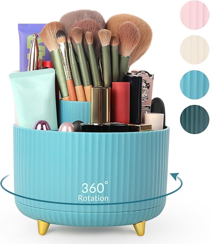 SKYDUE Makeup Organizer, Rotating Pencil Pen Holder for Desk, Dual-Purpose Desktop Organizer for Cosmetics & Pens, Makeup Brush Holder with 5 Slots, Pencil Cup for Office, Home
