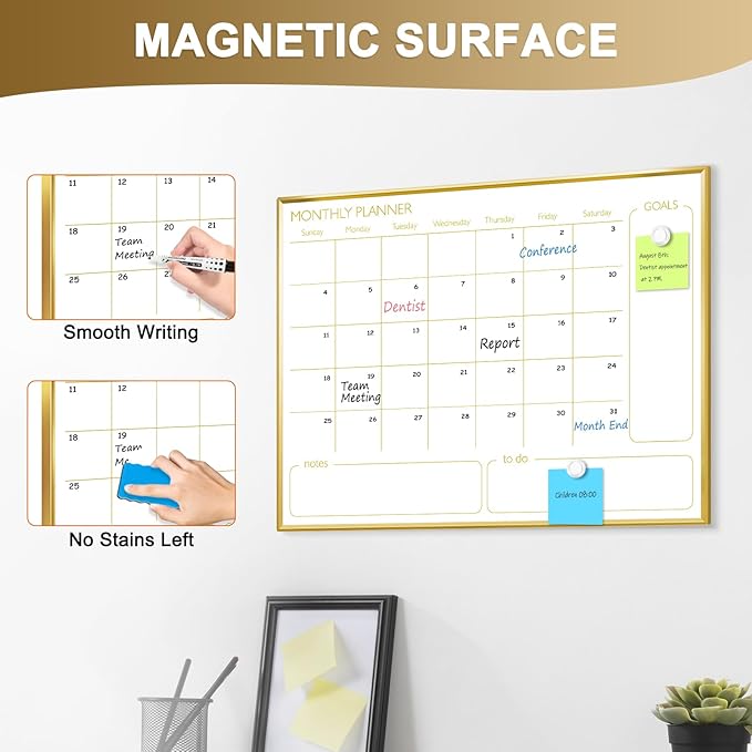 Dry Erase Calendar Whiteboard for Wall, 24'' x 18'' Monthly White Board Planner with Gold Frame, Magetic Hanging Wipe Board for Home Office School Dorm