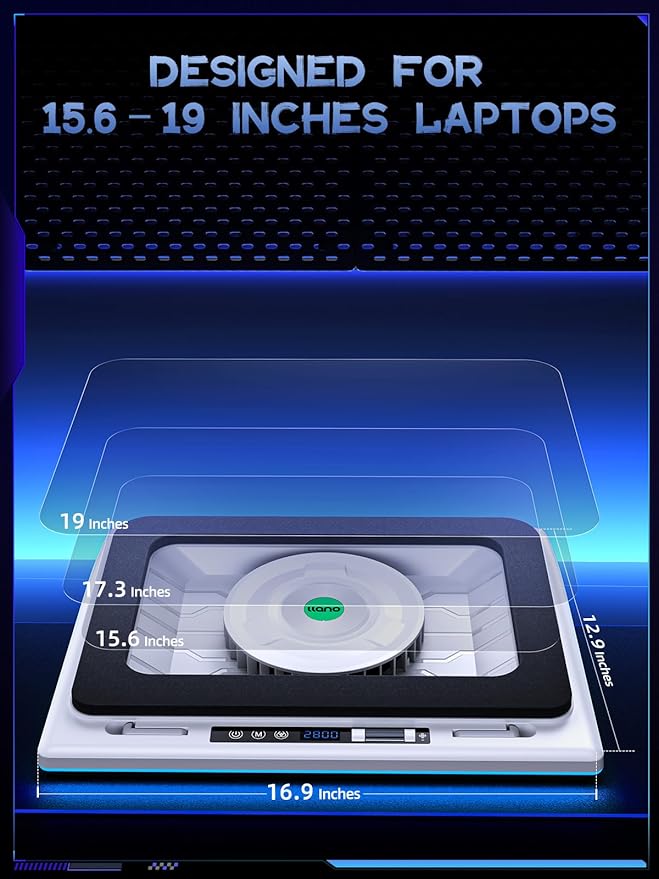llano RGB Laptop Cooling Pad, White, Powerful Turbofan, Quiet Cooling, Touch Control, LCD Screen, Seal Foam, 15-19in Laptops
