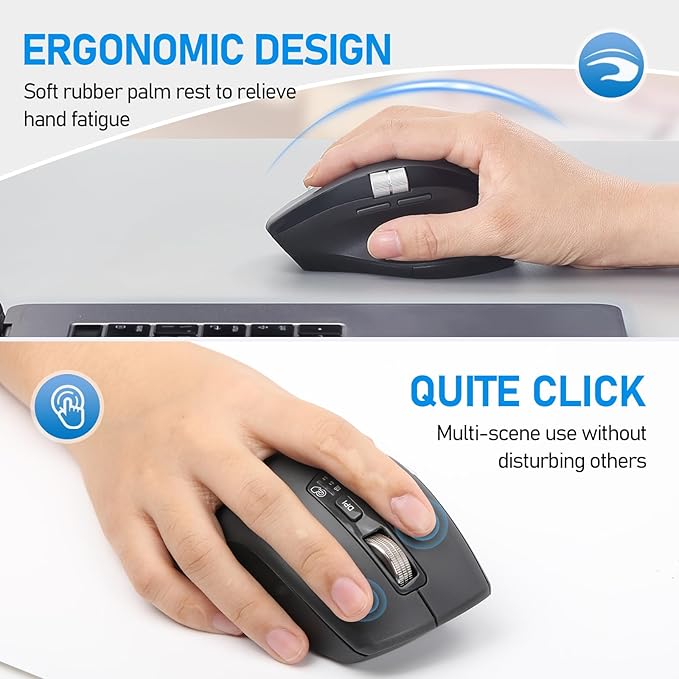 Wireless Side Scroll Mouse with Multi-Device, Ergonomic Computer Mice with Smart Flying Scroll, Quiet Click, 4-Level DPI for Computer, Laptop, iPad, Tablet, MacBook (Grey)