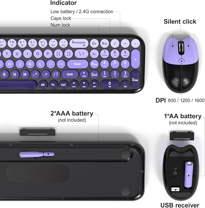 Wireless Keyboard and Mouse Combo, MOWUX Compact Typewriter Retro Round Computer Keyboard, Cute Optical Mouse Wireless, Plug and Play, for Laptop, PC, Computer- Black Purple Gradient