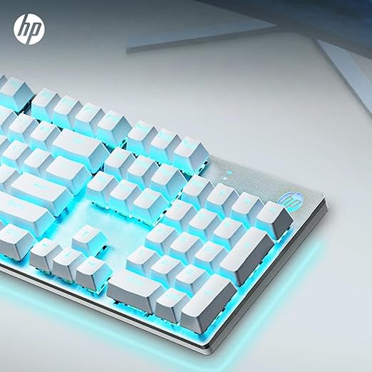 HP GK400F Mechanical Gaming Keyboard, Wired USB, 104 Keys Full Size, Tactile Brown Switch, Blue LED Backlit, Anti-Ghosting, Ergonomic Metal Panel, ABS Keycaps, Silver & White