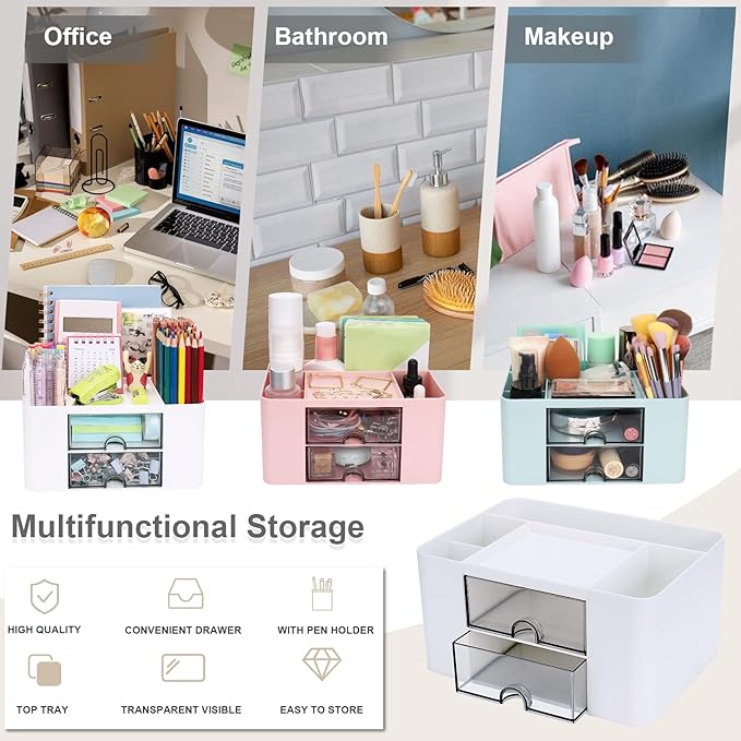 Plastic Pen Organizer, Multifunctional Desk Organizer with 2 Drawers, 4 Compartments & a Top Tray, Pencil Holder Desktop Organizers and Accessories for Office, 7.7" x 5.5" x 3.9" (White)