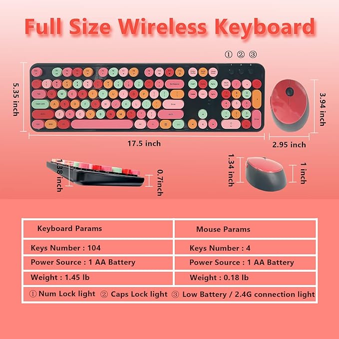 Wireless Keyboard and Mouse Combo, Ergonomic Cute Retro Typewriter Full Size Colorful USB Cordless Keyboard Mouse Set for Gaming and Office (Red)