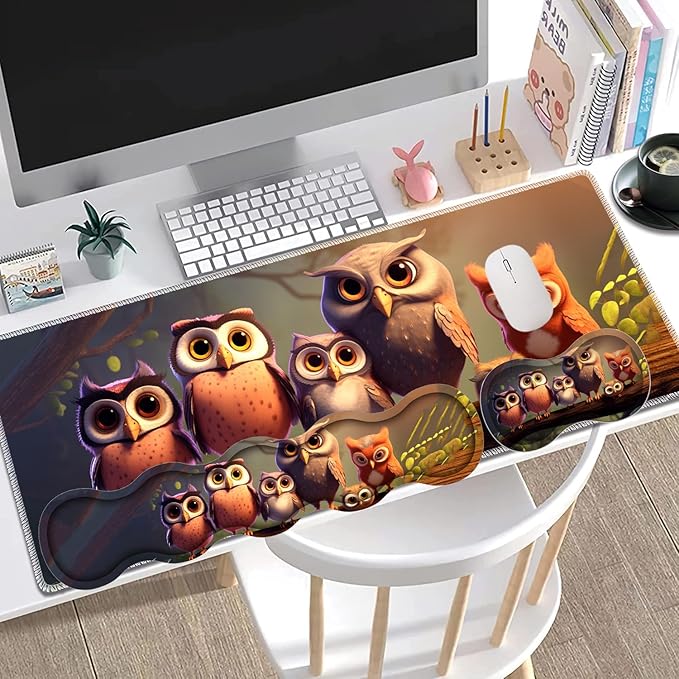 Large Gaming Mouse Pad + Keyboard Wrist Rest + Wrist Support + Coaster Set, Memory Foam Ergonomic for Easy Typing, XXL Extended Gaming Mouse Pad Table Pad - Cute Owl