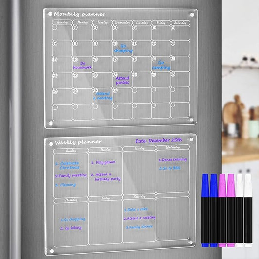 AITEE Acrylic Magnetic Monthly and Weekly Calendar for Fridge, Clear Set of 2 Dry Erase Board Calendar for Fridge Reusable Planner, Includes 6 Dry Erase Markers With 3 Colors(16"x12"Inches)