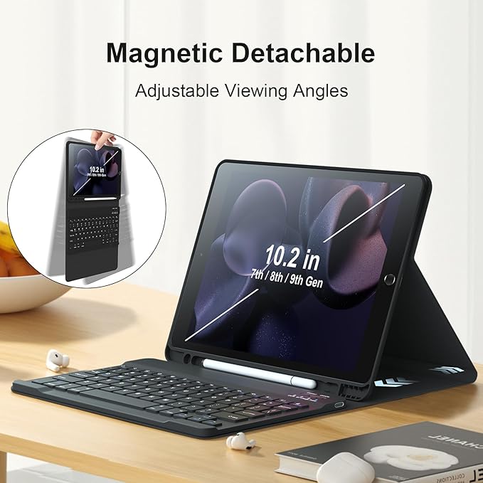 Keyboard Cases for iPad 9th Generation 8th Gen, 7th Gen, Pro 10.5 Inch Air 3rd Gen. Removable Magnetic Cover Sheet Built-in Pencil Holder and Stylus Pen, Adjustable Angles Stain Resistant Cover, Black