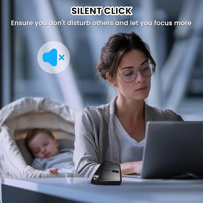 A.JAZZ I300 Bluetooth and 2.4G Rechargeable Wireless Mouse,Ergonomic Vertical Design Optical Mouse Computer Mice,800/1200/1600 DPI,Quiet Clicks,84G Lightweight for Laptop, Desktop, PC, MacBook(Black)