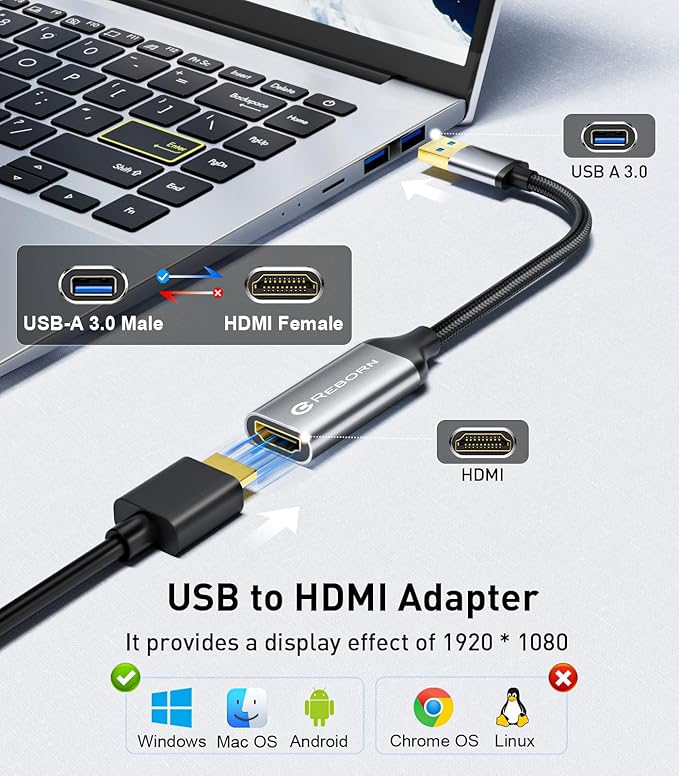 Reborn USB to HDMI Adapter, 1080P@60Hz USB 3.0 Male to HDMI Female Multi-Display Cable Converter Suitable for Macos Windows 7/8/10/11 - Driver Installation is Required