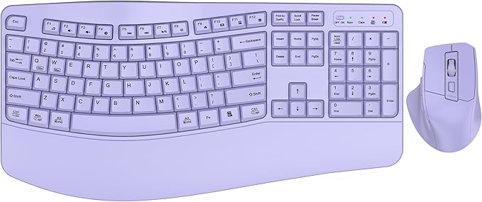 Wireless Keyboard and Mouse Combo, 2.4G Full Size Wave Keys Ergonomic Keyboard with Wrist Rest and 3-Level DPI Adjustable Wireless Ergonomic Mouse for Windows, Mac OS Desktop/Laptop/PC(Purple)