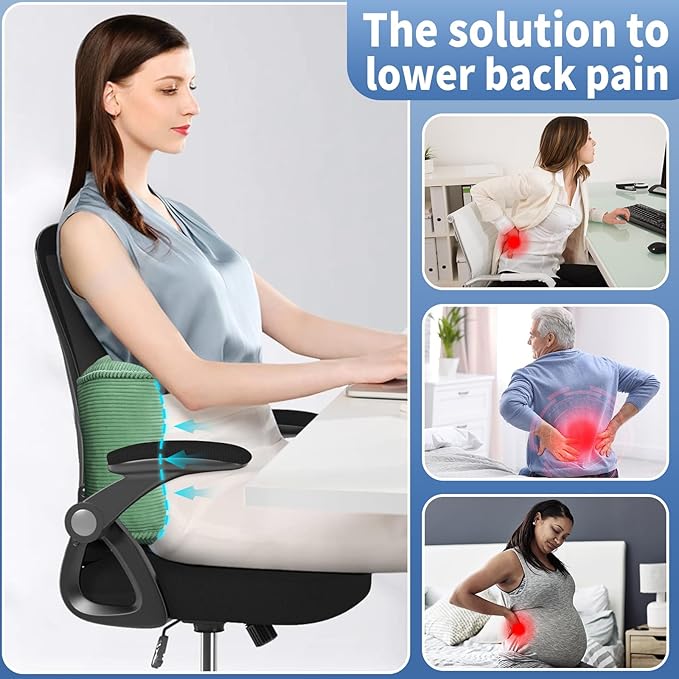 Lumbar Support Pillow for Study Desk Chair, Bite-Size Natural Latex Foam Back Support Pillow for Lower Back Pain Relief, Soft & Support Corduroy Office Chair Cushion, S, Green