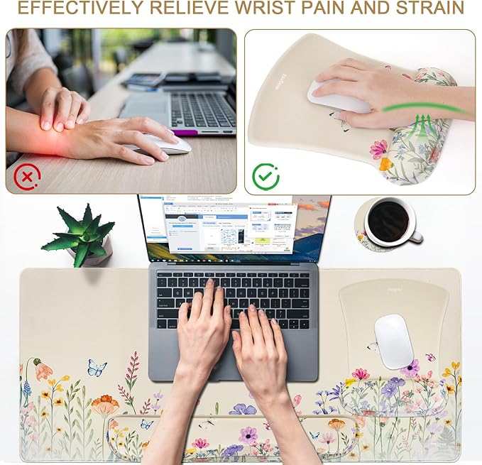 MEGREZ 4-in-1 Ergonomic Memory Foam Wrist Rest Set, Desk Pad, Mouse Pad with Wrist Rest, Keyboard Pad, Suitable for Office Workers, Programmers & Gamers–Relieve Typing & Gaming Fatigue, Light Beige