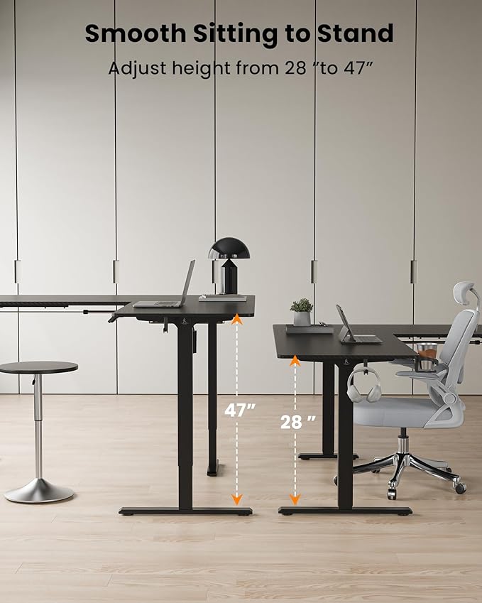 63 Inches Reversible L Shaped Standing Desk for Home Office, Electric Height Adjustable Corner Computer Desk, Sit Stand up Table with Cup Holder, Ergonomic Gaming Desk, Black