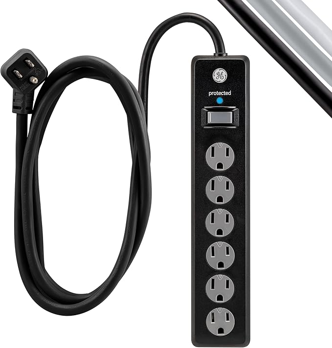 GE Surge Protector Power Strip,10 Ft Extension Cord,6 Outlet Extender,800 Joules,Flat Plug,Twist-to-Close Safety Covers,ETL Listed,Black,54646,2 Count (Pack of 12)