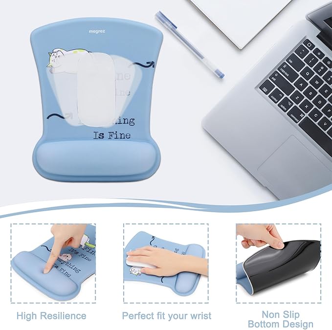 MEGREZ 4-in-1 Ergonomic Memory Foam Wrist Rest Set, Desk Pad, Mouse Pad with Wrist Rest, Keyboard Pad, Suitable for Office Workers, Programmers & Gamers–Relieve Typing & Gaming Fatigue, Grey