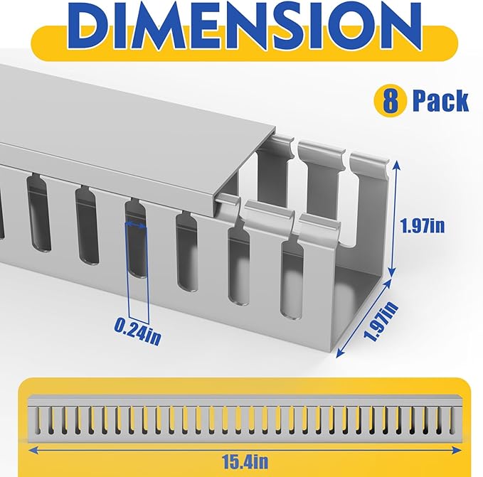 Open Slot Wiring Raceway Cable Duct, 123in Cable Management Channel Cord Track,Desk Wire Channel, Under Desk Cable Management to Hide Cables, Wires for Computers (Grey, 1.97" Hx1.97 W, 15.4''L(8 Pc))