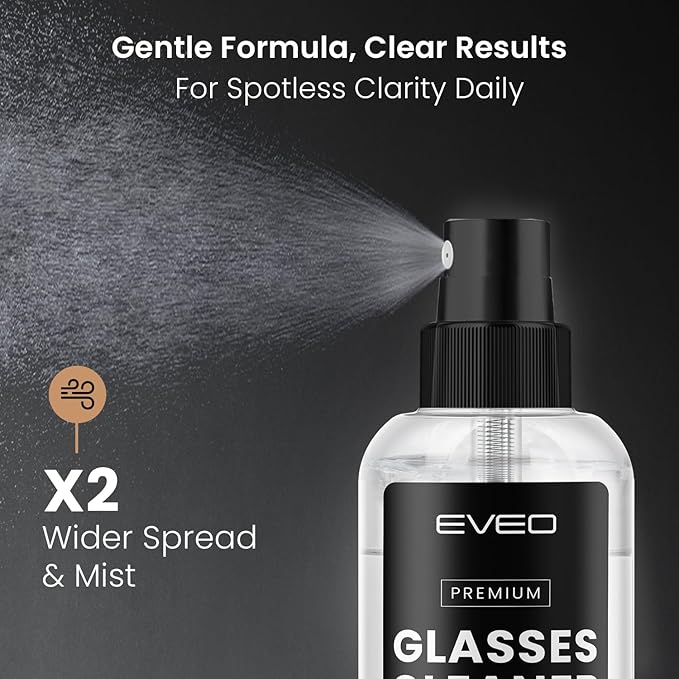 EVEO Glasses Cleaner Spray - Eyeglass Cleaner (No Streaks)| x2 Eye Glass Cleaners Spray + x2 Lens Cleaner Microfiber Cleaning Cloth, Glasses Cleaning Kit Eye Glasses Cleaner Spray & Cloth - 4oz(2ozx2)