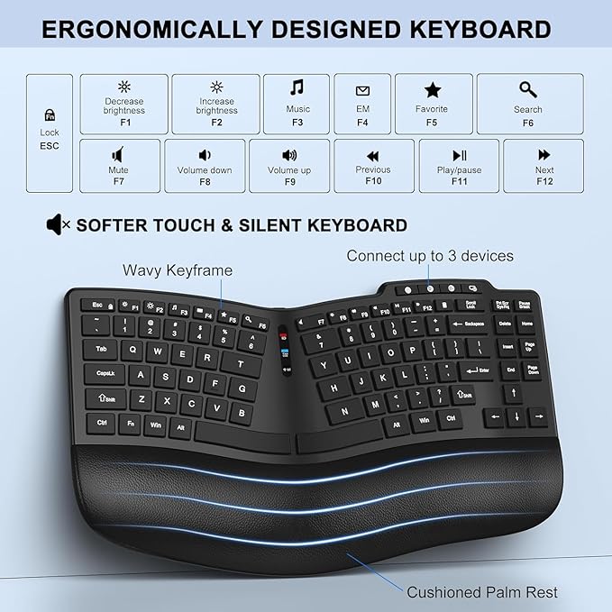 Ergonomic Wireless Keyboard Mouse, Wave Key Bluetooth/2.4G Split Design Ergo Keyboard Mouse Combo with Cushioned Palm Rest, Multi-Device, Rechargeable, for Multi-OS, Windows/Mac