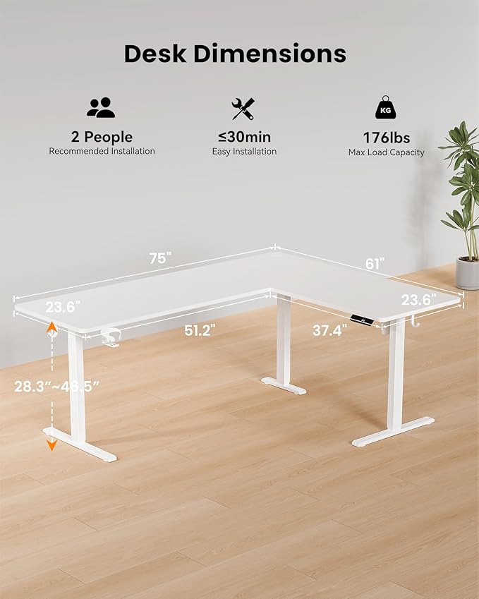 75X61 Inches Reversible L Shaped Standing Desk Height Adjustable, Electric Corner Computer Desk with Cup Holder, Sit Stand up Home Office Desk, Ergonomic Gaming Desk, White