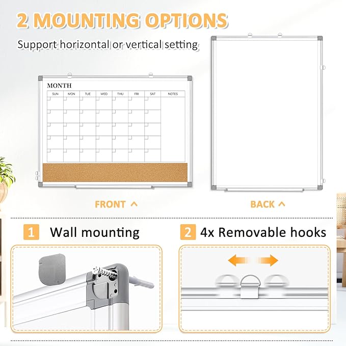 Dry Erase Calendar Whiteboard for Wall, 24"x18" Magnetic Monthly White Board Cork Board Combo, Double Sided, Aluminum Frame, Wall Hanging Wipe Board for Home, Office, School, Dorm