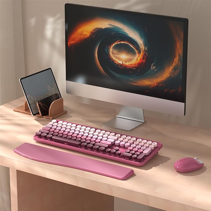 Colorful Wireless Computer Keyboard and Mouse Combo with Phone Holder, Wrist Rest, Typewriter Keys, 2.4GHz Wireless, Full-Sized Optical Mouse for PC and Laptop(Rose-Red Colorful)