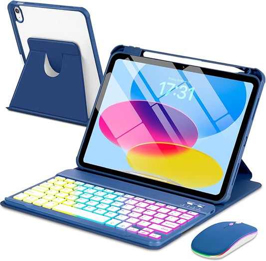 Case with Keyboard Mouse for iPad A16 11th 10th Generation 11/10.9 inch,Rainbow Backlit Detachable Keypad Rotatable Magnetic Cover with Pencil Holder for iPad 11 2025 10 Gen 2022 Navy Blue