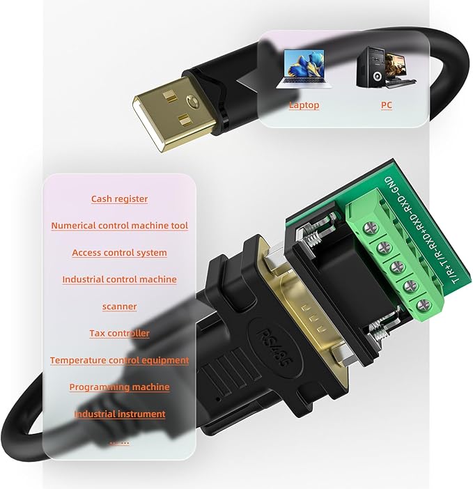 USB to RS485/RS422 Serial Port Converter Adapter Cable with FTDI Chip Supports Windows 11 10 8 7 XP Mac 6 Feet