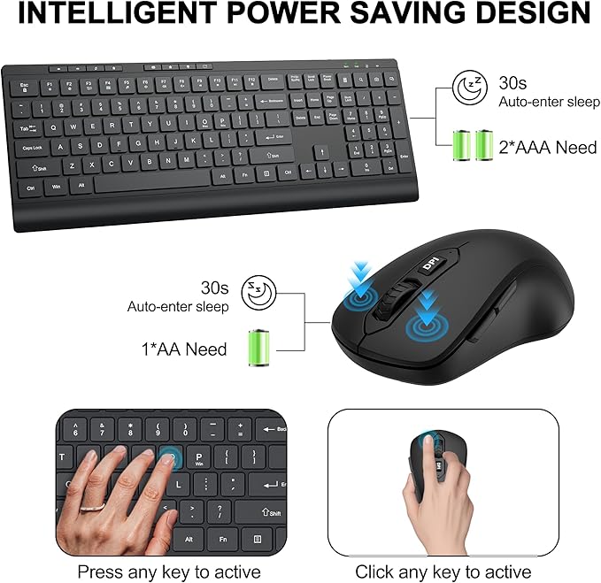 Wireless Keyboard and Mouse Combo, Full Size Quiet Key Computer Keyboard and Cordless Mice with 3 DPI Adjustable, 2.4G Lag-Free, Long Battery Life, Compatible with Windows and Mac Systems