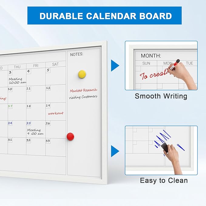 Comix Dry Erase Calendar for Wall, Magnetic Calendar Whiteboard with White Wood Frame, 36 * 24 inches Decorative Monthly Planner Board for Office, School, Home, Kitchen