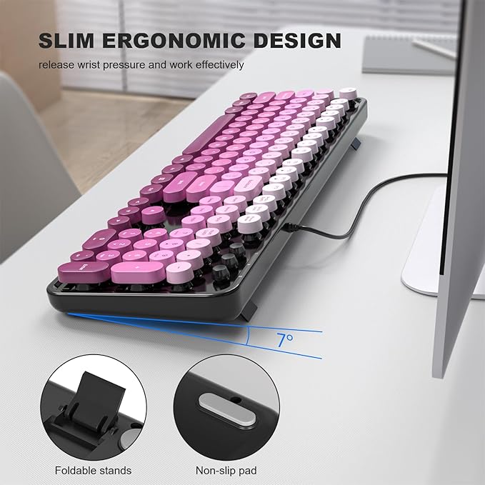 Computer Keyboard Wired, Plug and Play USB Retro Round Typewriter Keyboard, Full Size Wired Keyboard with Foldable Stands for Laptop and Office PC- Black Pink Gradient
